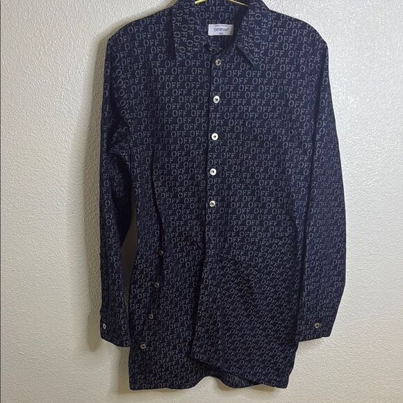 NWT- OFF-WHITE Navy Button-Up Shirt with Patterned logo Print- size 38 (Size 2) - Picture 16 of 16